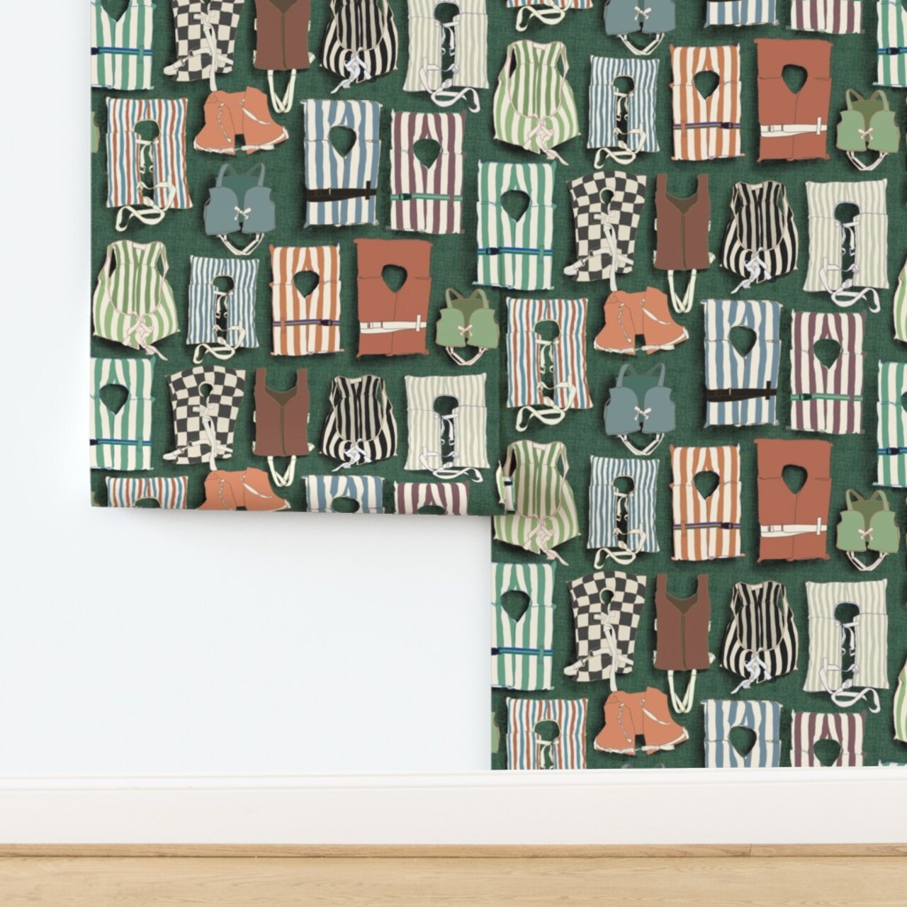 Life Jacket Green Nautical Camp Coastal Mid Century Modern Boating Vintage Swim Outdoor Life Lake House Custom Pre-pasted Wallpaper by Spoonflower Pre-Pasted Wallpaper 2FT Wide
